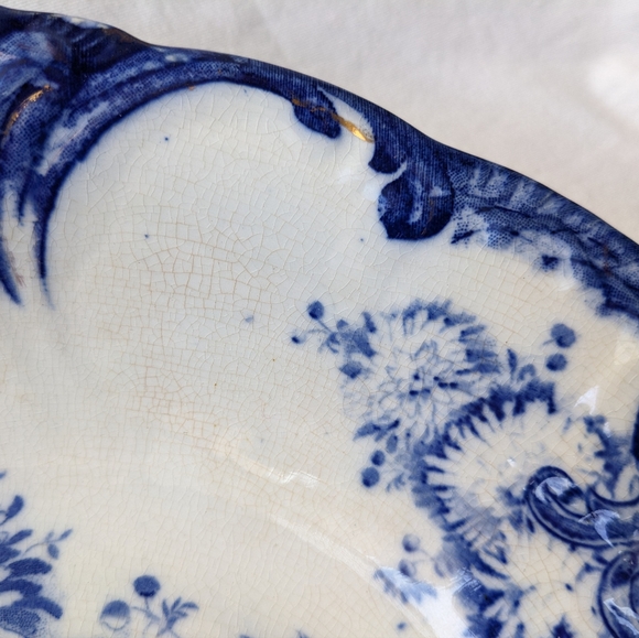 Antique Upper Hanley England Dahlia Flow Blue Floral Round Vegetable Bowl - Picture 11 of 16